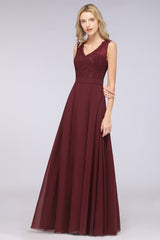 A-Line Chiffon Lace V-Neck Sleeveless Floor Length Bridesmaid Dress