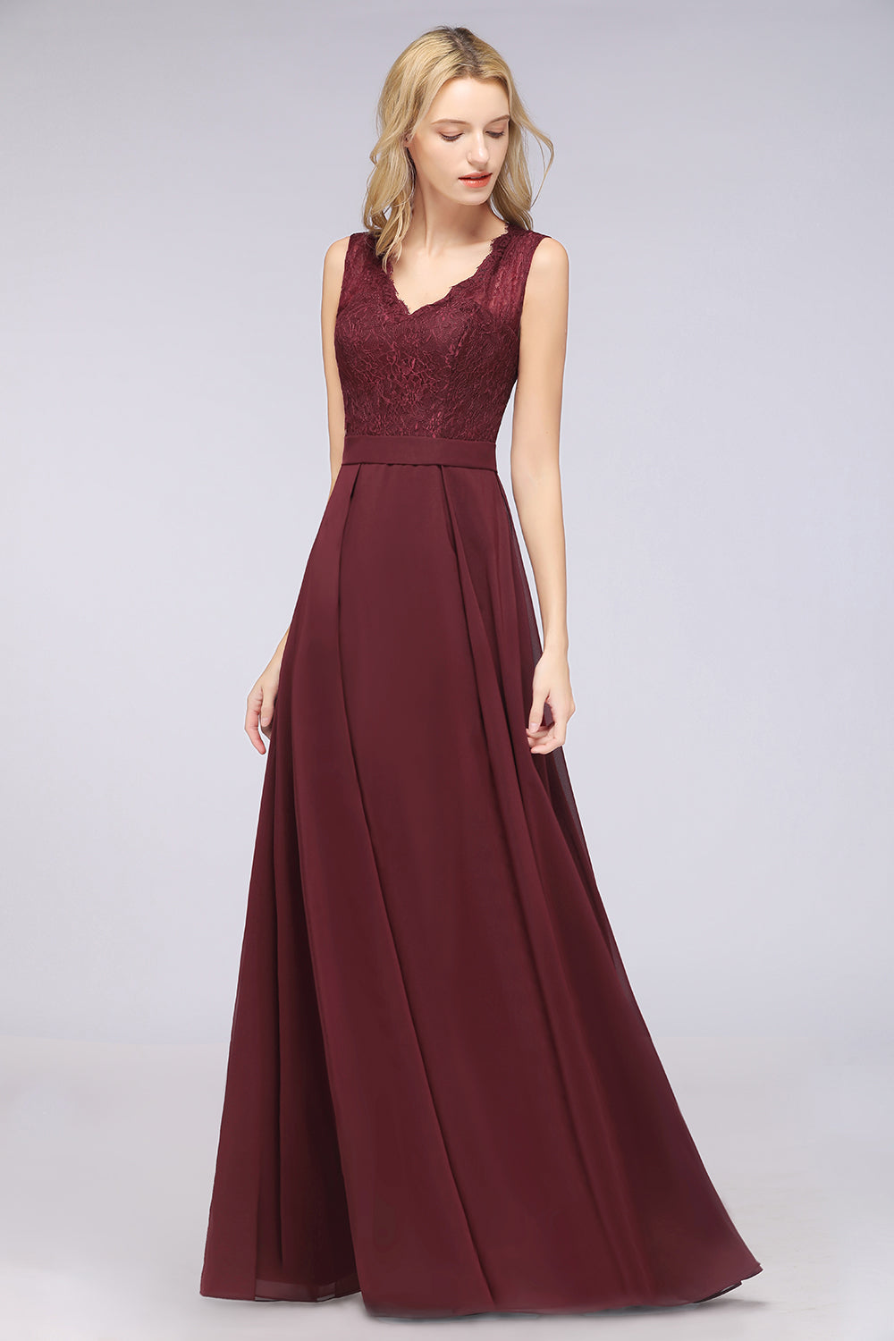 A-Line Chiffon Lace V-Neck Sleeveless Floor Length Bridesmaid Dress