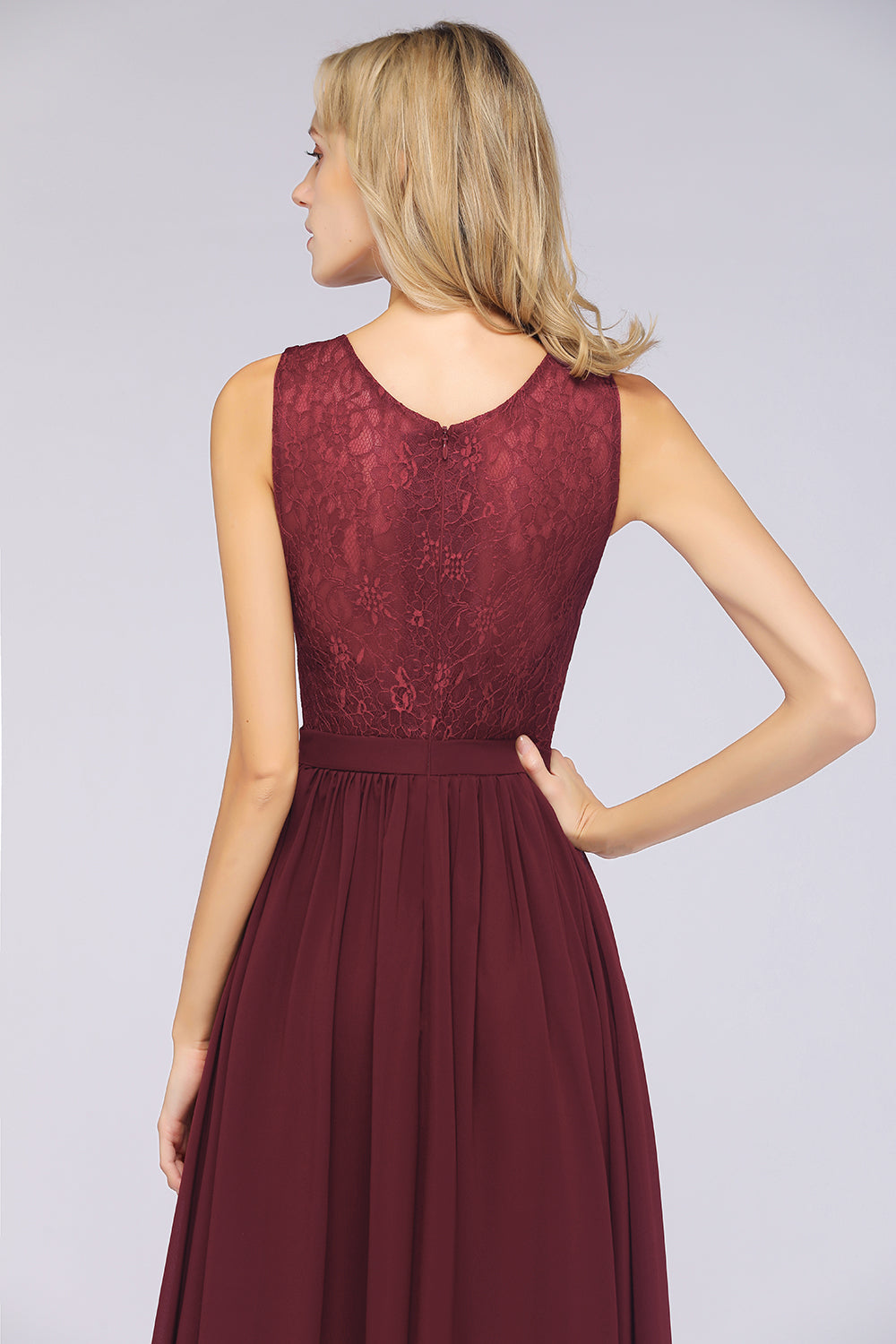 A-Line Chiffon Lace V-Neck Sleeveless Floor Length Bridesmaid Dress with Ruffles