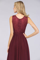 A-Line Chiffon Lace V-Neck Sleeveless Floor Length Bridesmaid Dress with Ruffles