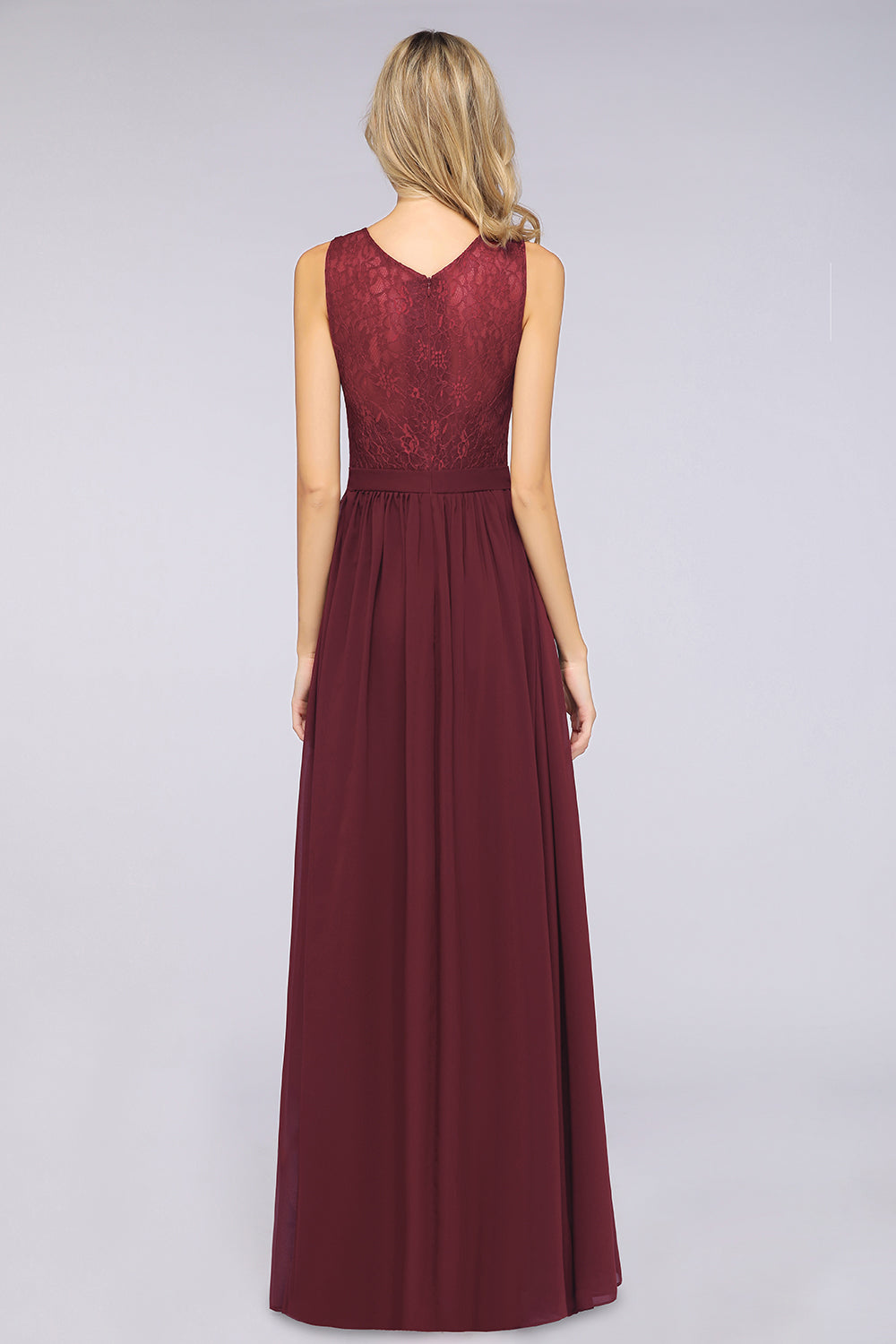 A-Line Chiffon Lace V-Neck Sleeveless Floor Length Bridesmaid Dress with Ruffles