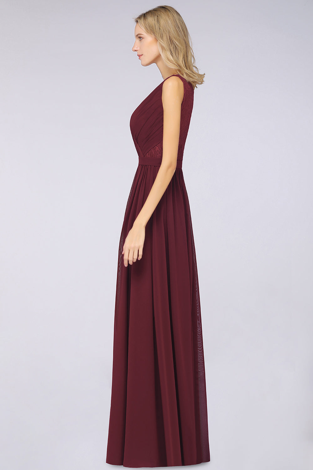 A-Line Chiffon Lace V-Neck Sleeveless Floor Length Bridesmaid Dress with Ruffles