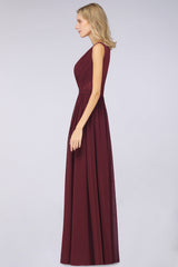 A-Line Chiffon Lace V-Neck Sleeveless Floor Length Bridesmaid Dress with Ruffles