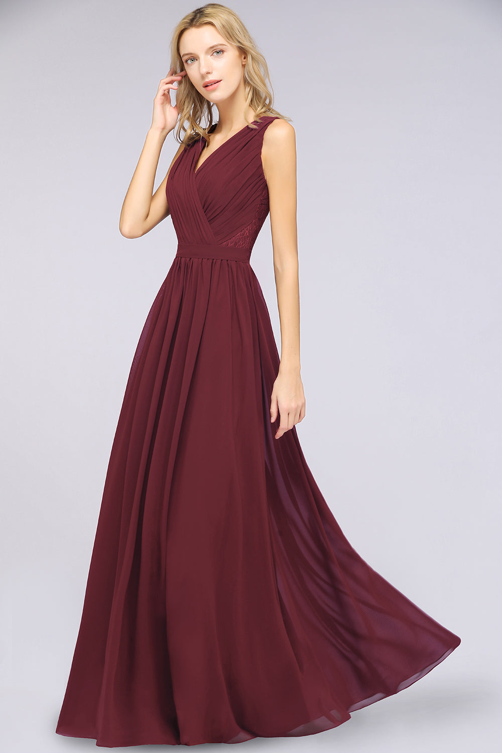 A-Line Chiffon Lace V-Neck Sleeveless Floor Length Bridesmaid Dress with Ruffles
