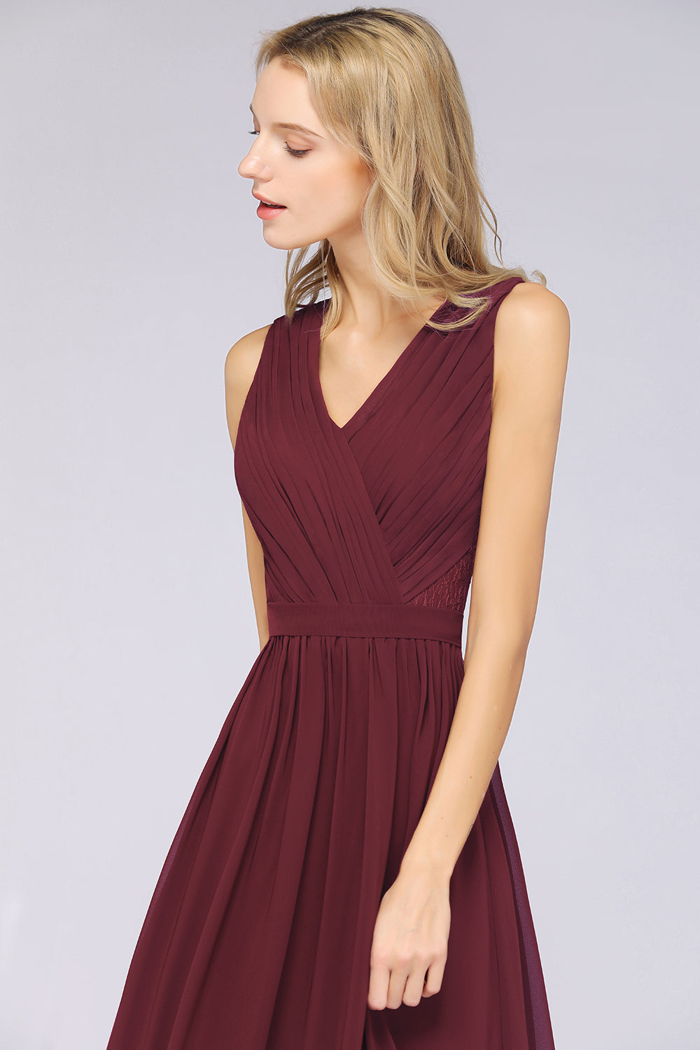 A-Line Chiffon Lace V-Neck Sleeveless Floor Length Bridesmaid Dress with Ruffles