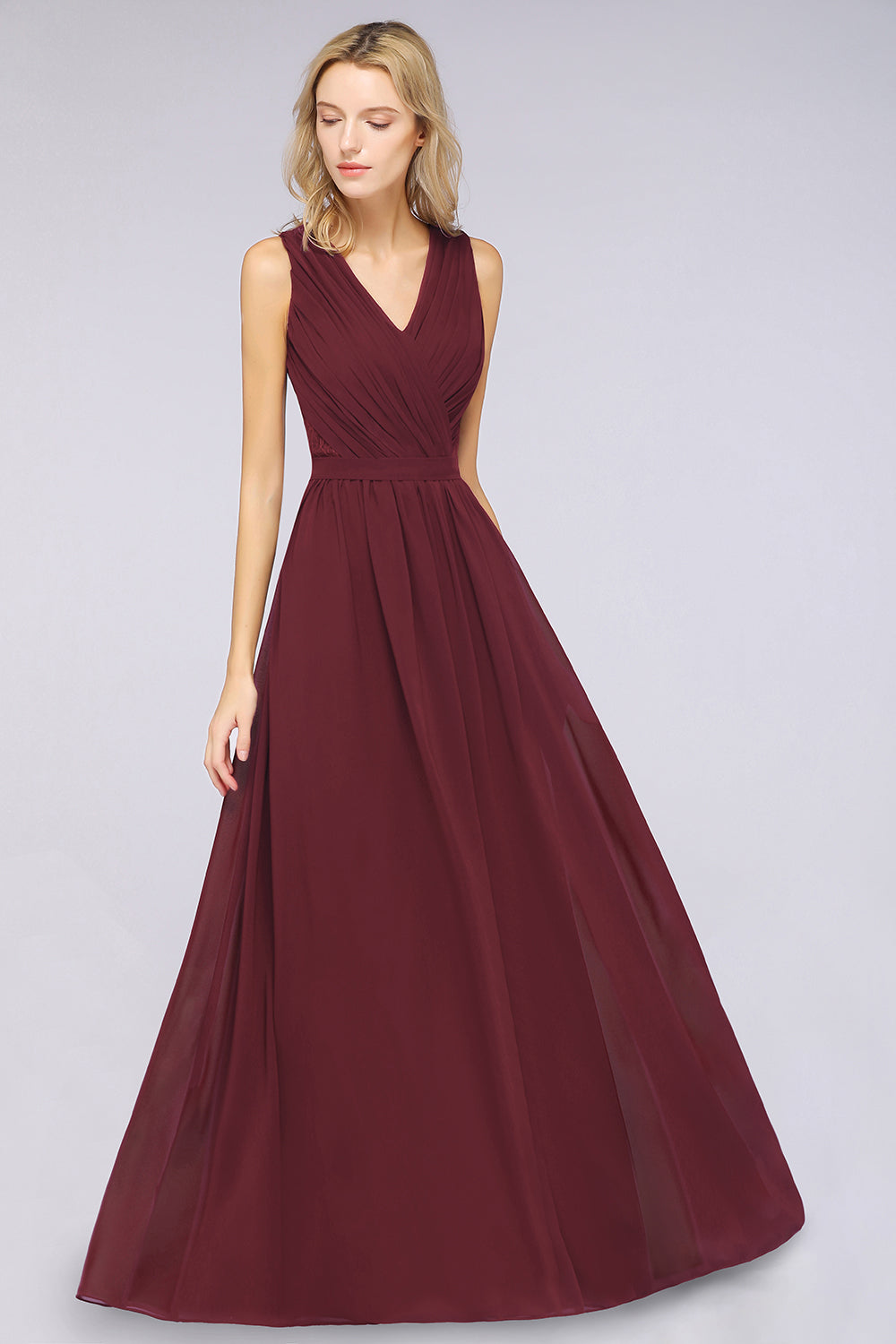 A-Line Chiffon Lace V-Neck Sleeveless Floor Length Bridesmaid Dress with Ruffles