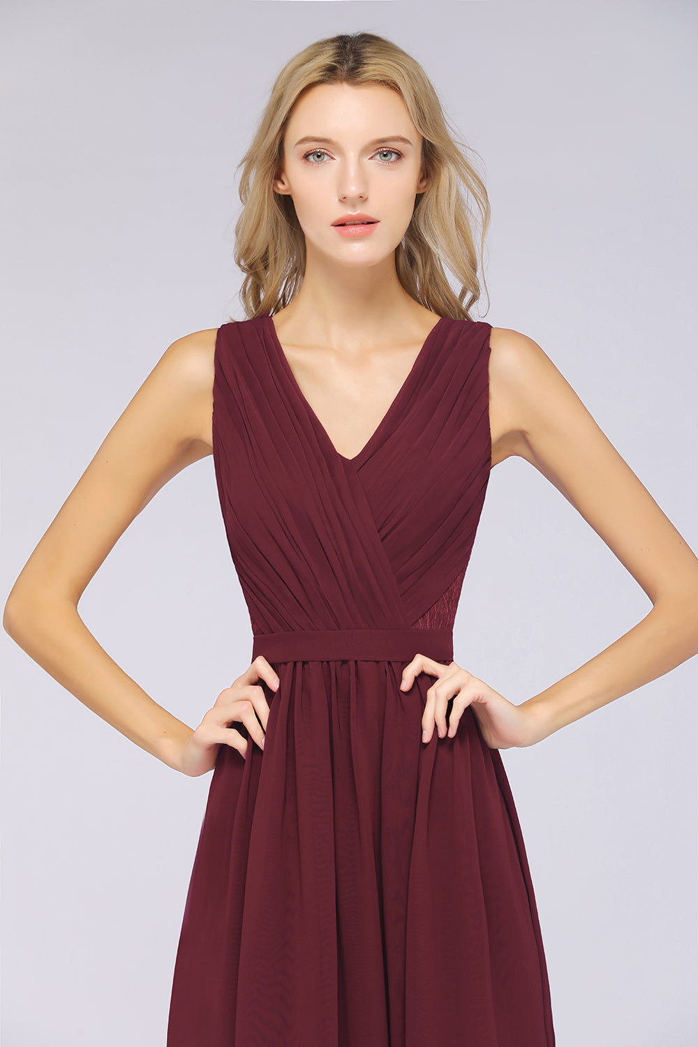 A-Line Chiffon Lace V-Neck Sleeveless Floor Length Bridesmaid Dress with Ruffles