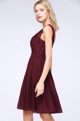 A-Line Chiffon Lace V-Neck Sleeveless Knee-Length Bridesmaid Dress with Ruffles