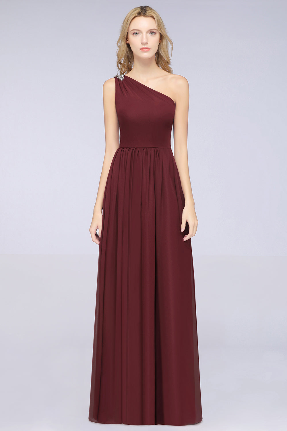 A-Line Chiffon One Shoulder Sleeveless Ruffles Floor Length Bridesmaid Dress with Beadings