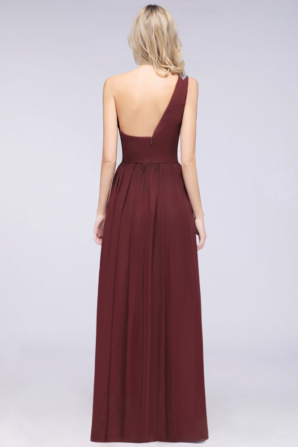 A-Line Chiffon One Shoulder Sleeveless Ruffles Floor Length Bridesmaid Dress with Beadings