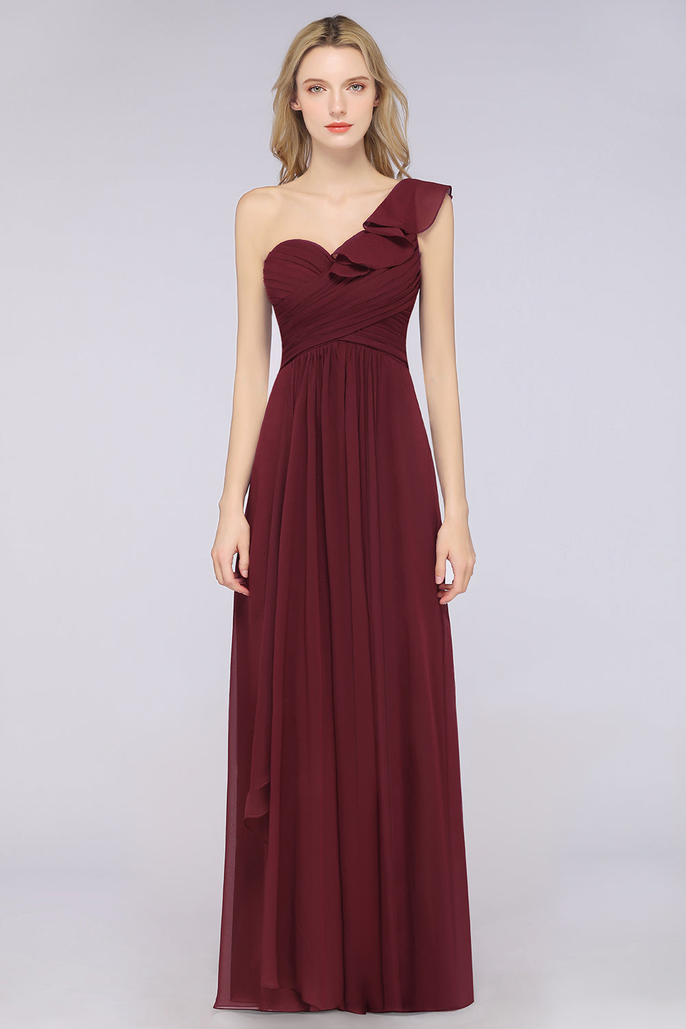 A-Line Chiffon One Shoulder Sweetheart Sleeveless Floor Length Bridesmaid Dress with Ruffles