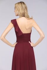 A-Line Chiffon One Shoulder Sweetheart Sleeveless Floor Length Bridesmaid Dress with Ruffles