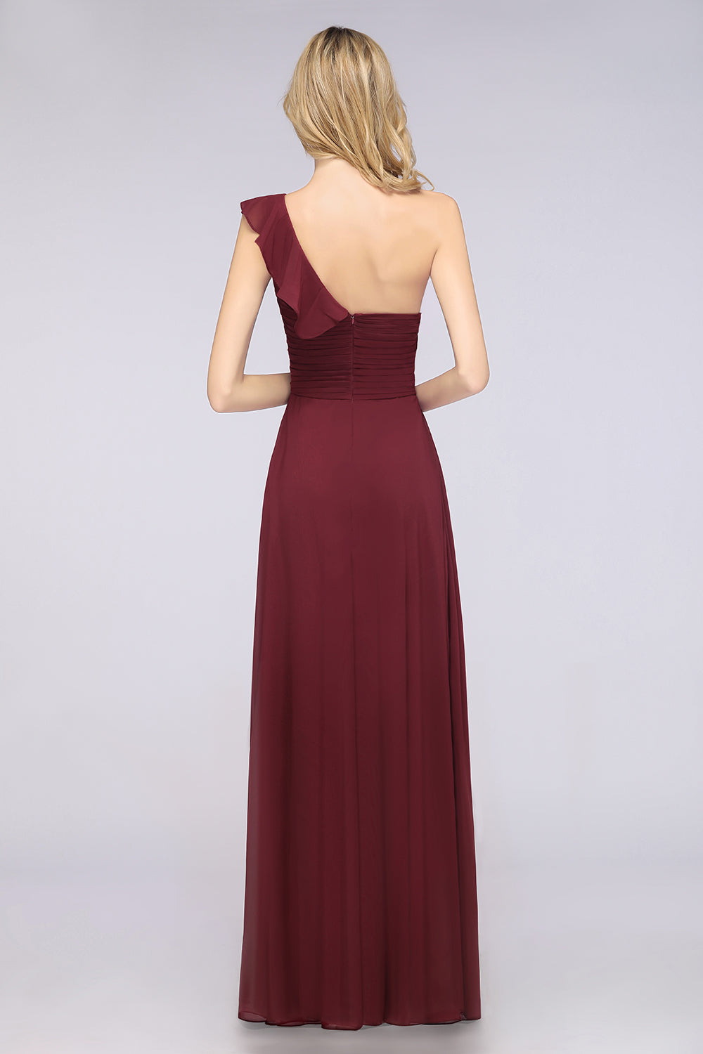A-Line Chiffon One Shoulder Sweetheart Sleeveless Floor Length Bridesmaid Dress with Ruffles