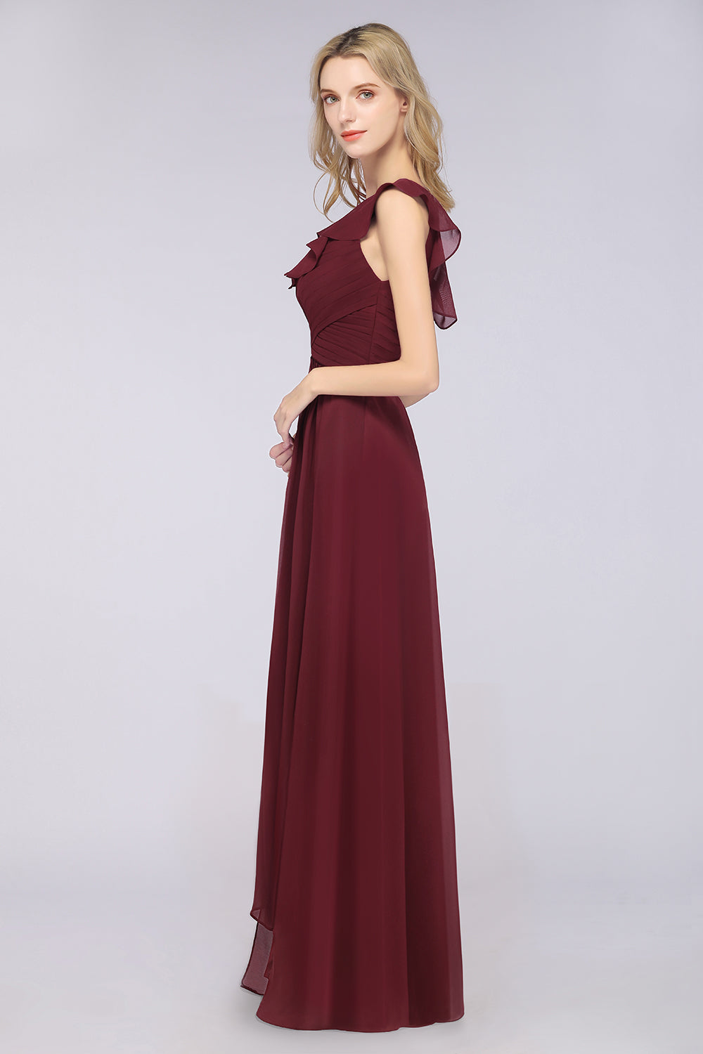 A-Line Chiffon One Shoulder Sweetheart Sleeveless Floor Length Bridesmaid Dress with Ruffles