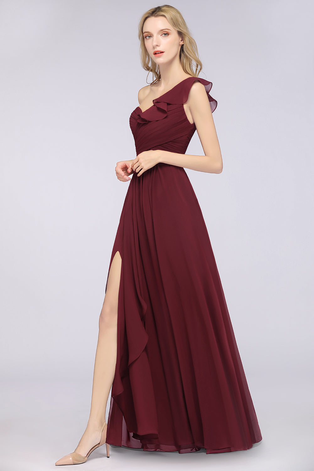 A-Line Chiffon One Shoulder Sweetheart Sleeveless Floor Length Bridesmaid Dress with Ruffles