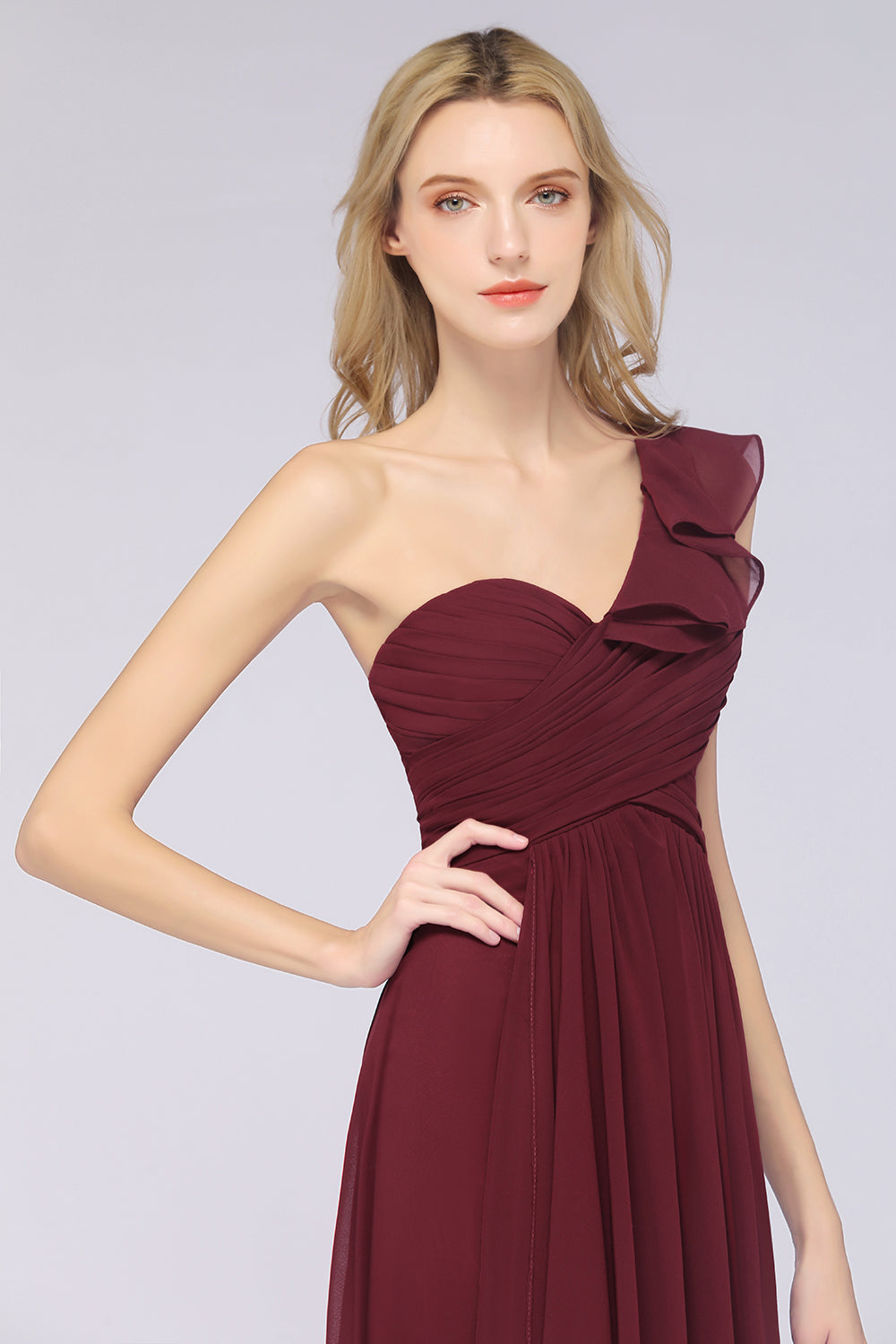 A-Line Chiffon One Shoulder Sweetheart Sleeveless Floor Length Bridesmaid Dress with Ruffles