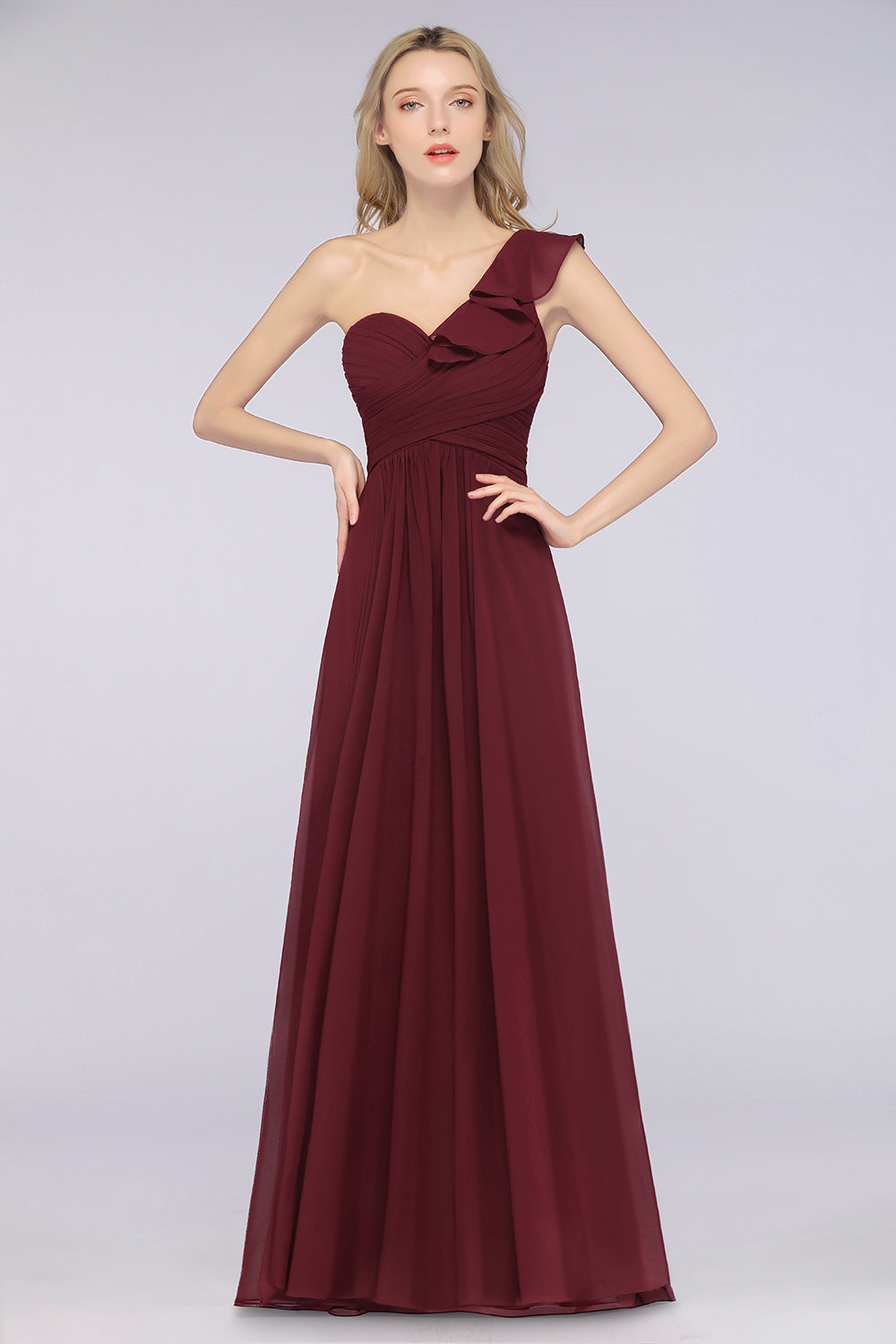 A-Line Chiffon One Shoulder Sweetheart Sleeveless Floor Length Bridesmaid Dress with Ruffles