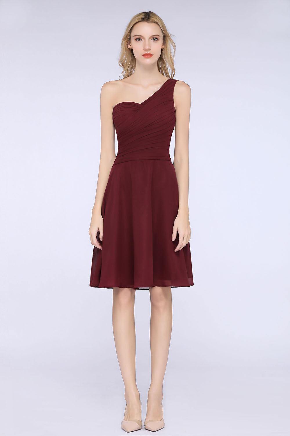 A-Line Chiffon One Shoulder Sweetheart Sleeveless Knee-Length Bridesmaid Dress with Ruffles