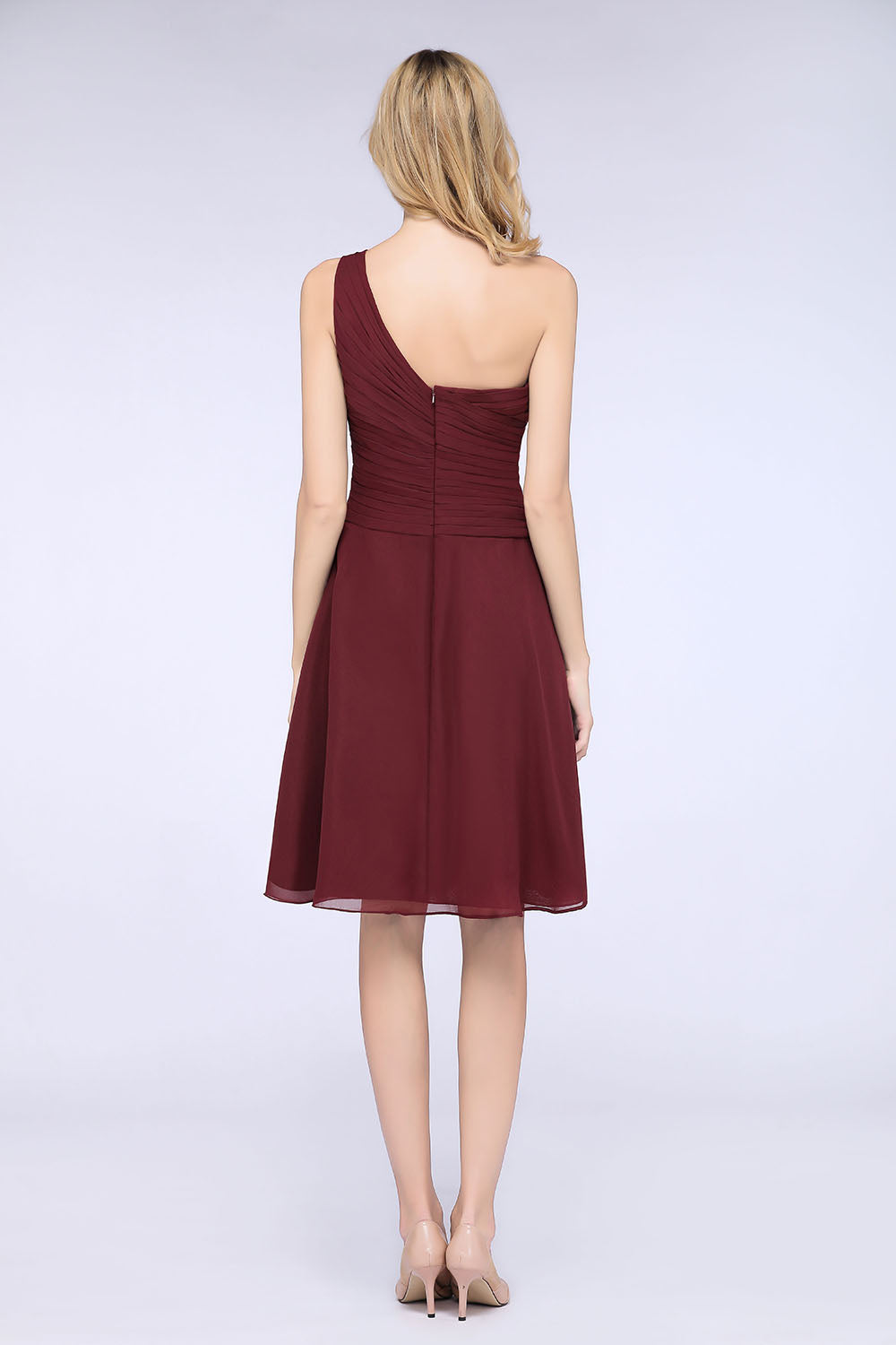 A-Line Chiffon One Shoulder Sweetheart Sleeveless Knee-Length Bridesmaid Dress with Ruffles