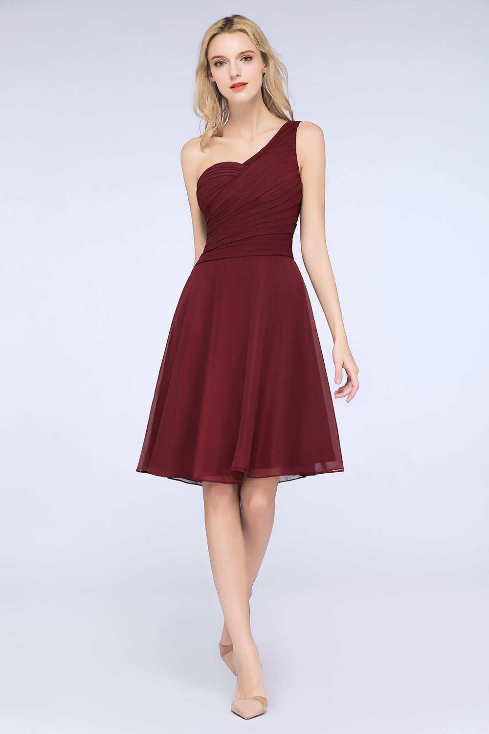 A-Line Chiffon One Shoulder Sweetheart Sleeveless Knee-Length Bridesmaid Dress with Ruffles