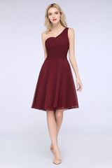 A-Line Chiffon One Shoulder Sweetheart Sleeveless Knee-Length Bridesmaid Dress with Ruffles