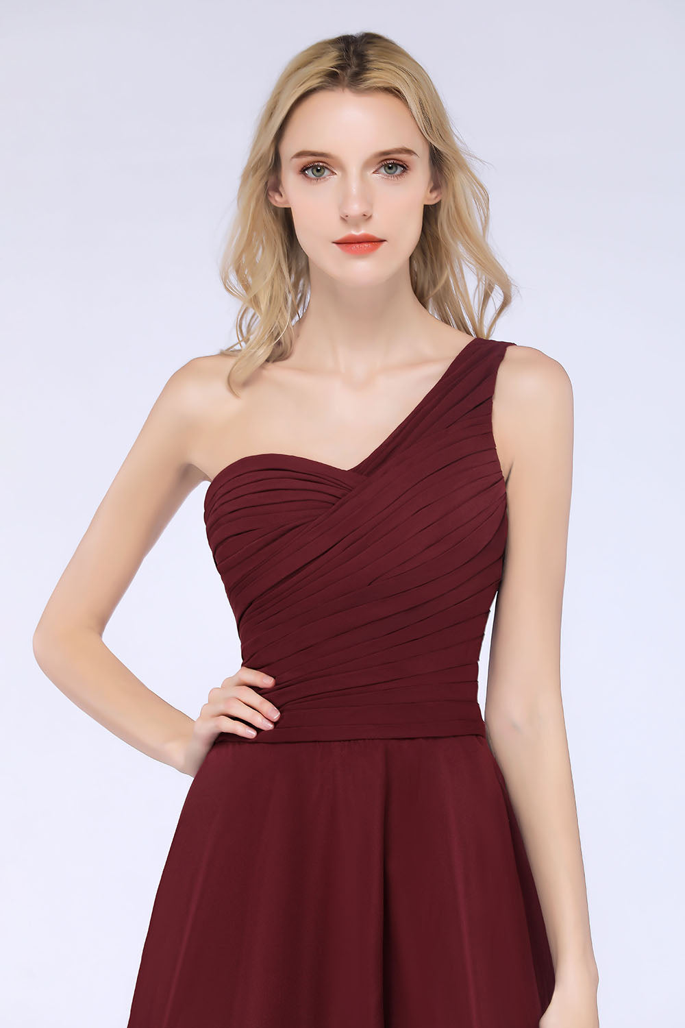 A-Line Chiffon One Shoulder Sweetheart Sleeveless Knee-Length Bridesmaid Dress with Ruffles