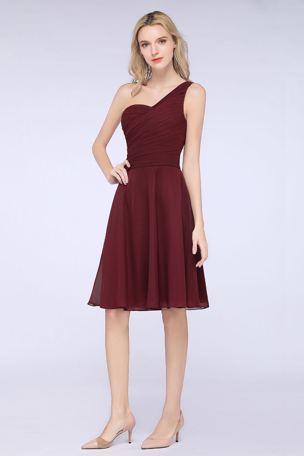 A-Line Chiffon One Shoulder Sweetheart Sleeveless Knee-Length Bridesmaid Dress with Ruffles