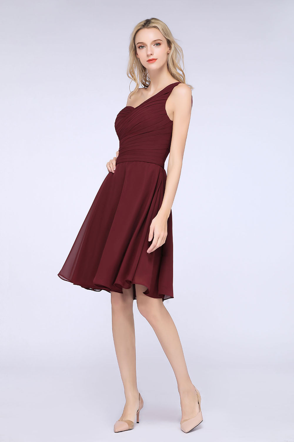 A-Line Chiffon One Shoulder Sweetheart Sleeveless Knee-Length Bridesmaid Dress with Ruffles