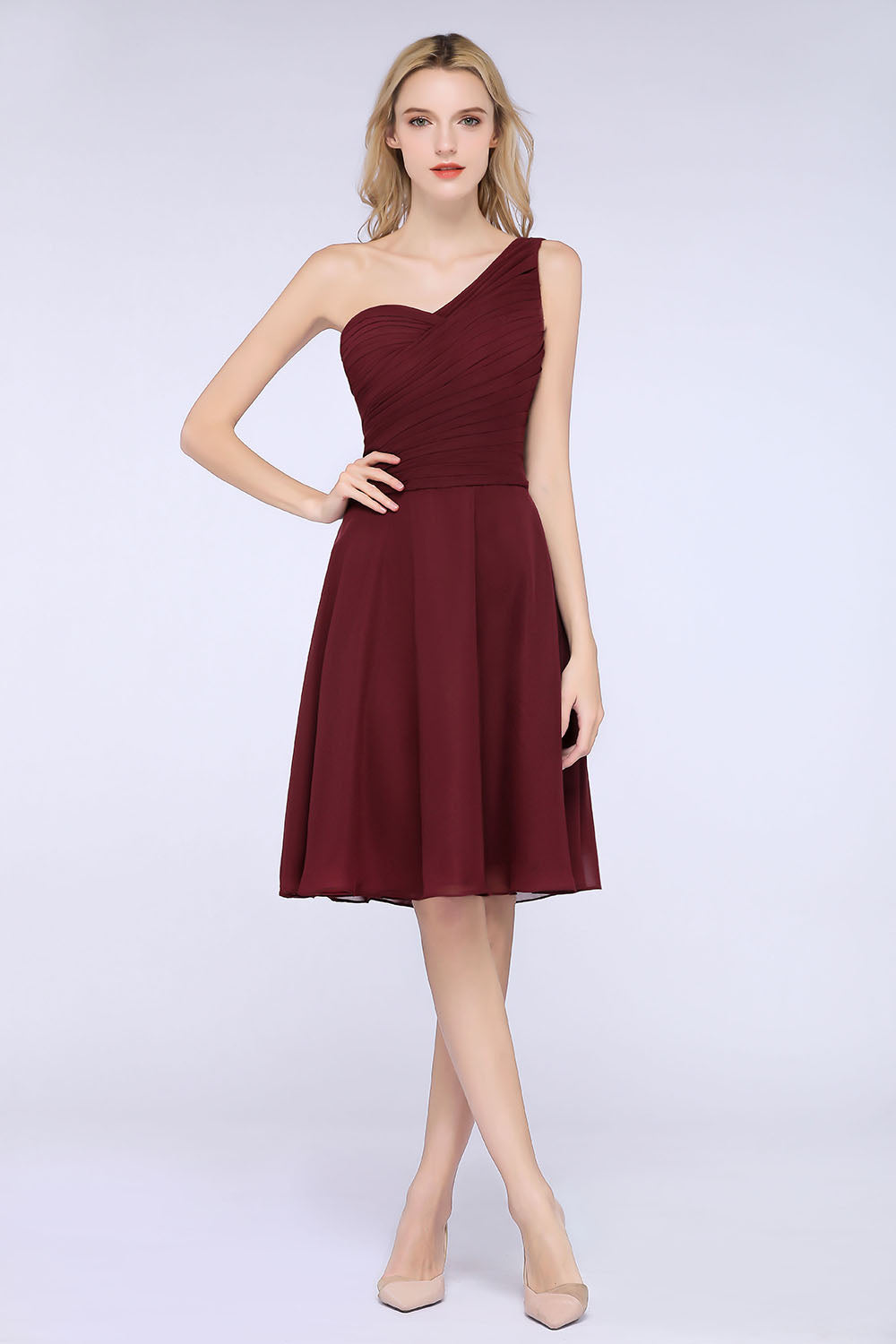 A-Line Chiffon One Shoulder Sweetheart Sleeveless Knee-Length Bridesmaid Dress with Ruffles