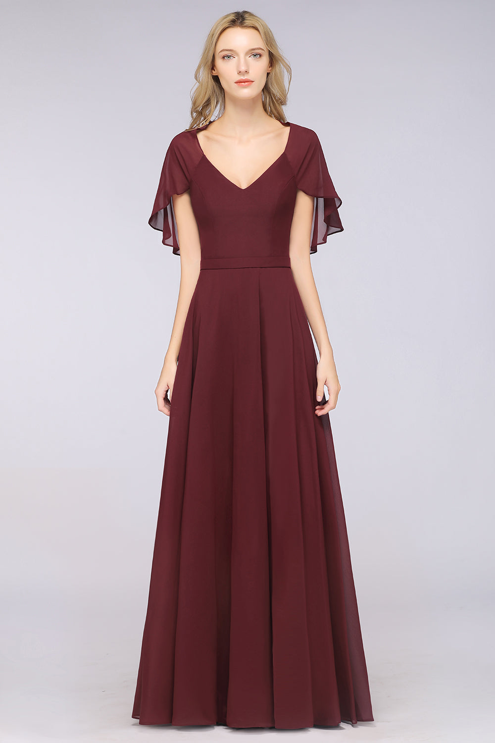 A-Line Chiffon Satin V-Neck Short Sleeves Floor Length Bridesmaid Dress