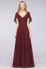 A-Line Chiffon Satin V-Neck Short Sleeves Floor Length Bridesmaid Dress