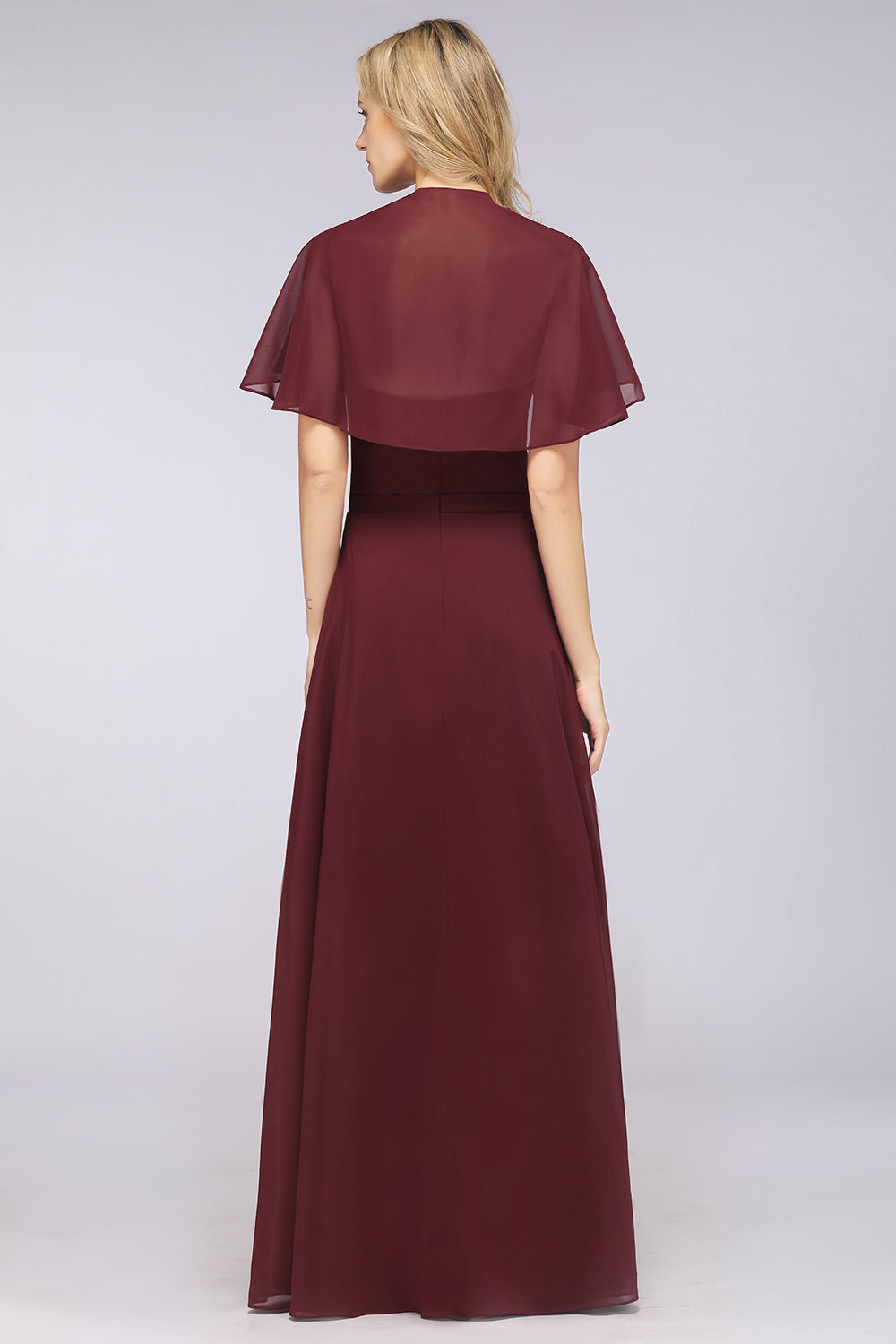 A-Line Chiffon Satin V-Neck Short Sleeves Floor Length Bridesmaid Dress