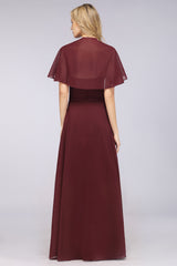 A-Line Chiffon Satin V-Neck Short Sleeves Floor Length Bridesmaid Dress