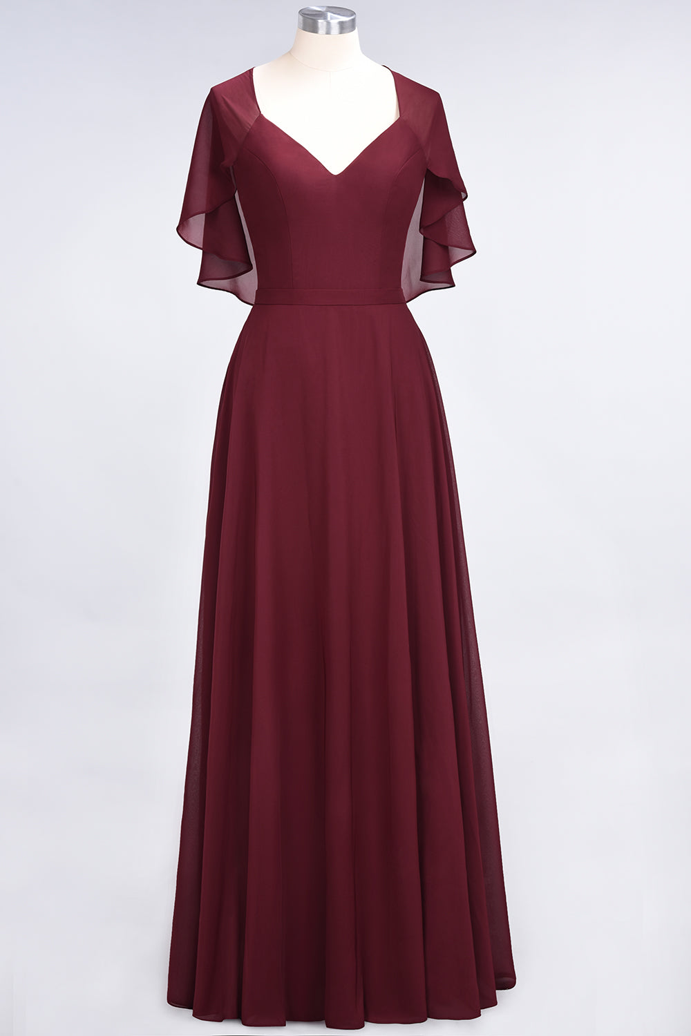 A-Line Chiffon Satin V-Neck Short Sleeves Floor Length Bridesmaid Dress