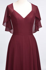 A-Line Chiffon Satin V-Neck Short Sleeves Floor Length Bridesmaid Dress