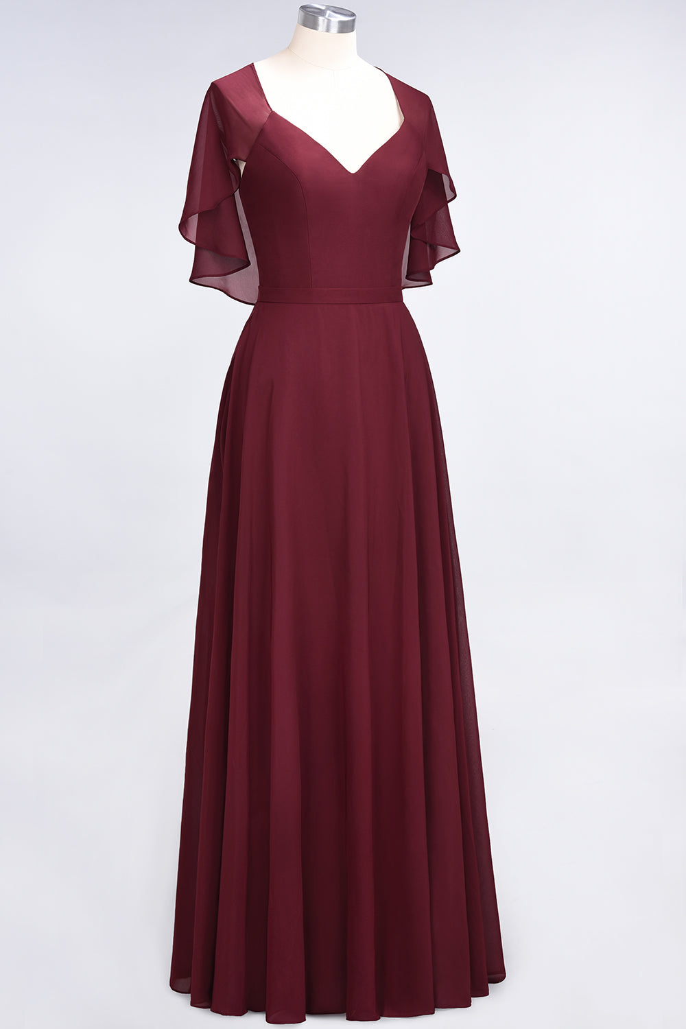 A-Line Chiffon Satin V-Neck Short Sleeves Floor Length Bridesmaid Dress
