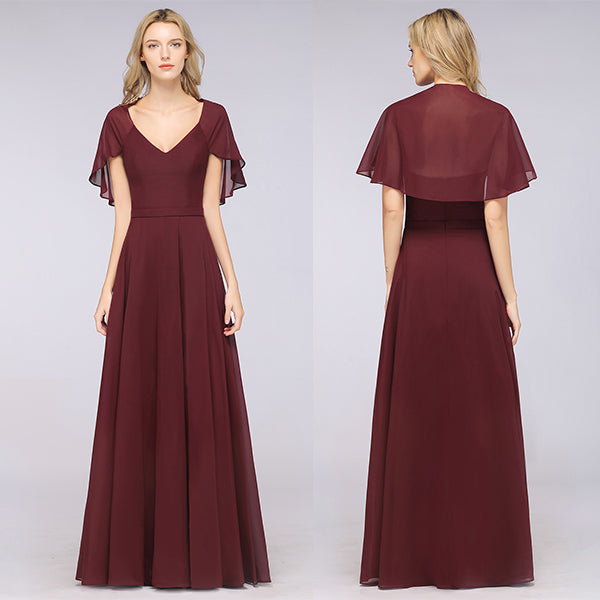 A-Line Chiffon Satin V-Neck Short Sleeves Floor Length Bridesmaid Dress