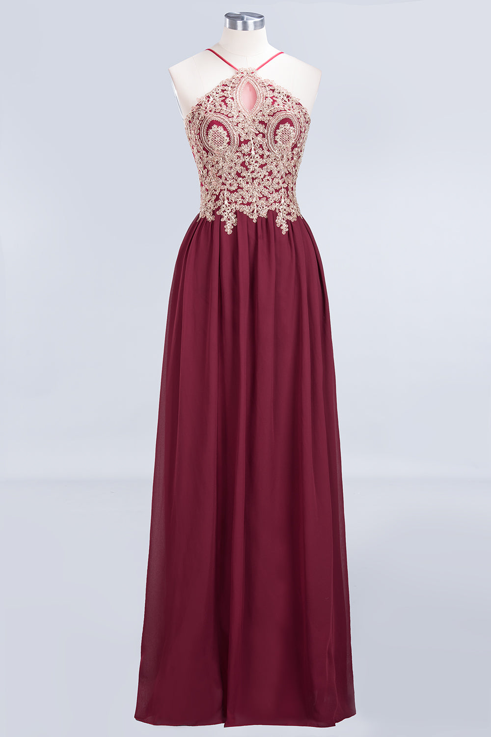 A-Line Chiffon Spaghetti Straps Sleeveless Backless Floor Length Bridesmaid Dress with Appliques