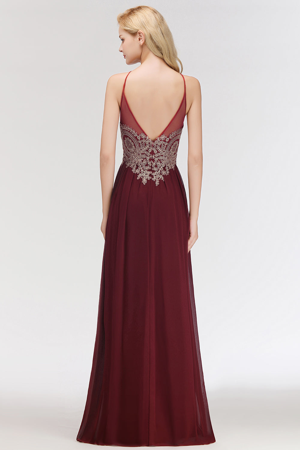 A-Line Chiffon Spaghetti Straps Sleeveless Backless Floor Length Bridesmaid Dress with Appliques