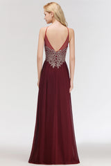 A-Line Chiffon Spaghetti Straps Sleeveless Backless Floor Length Bridesmaid Dress with Appliques