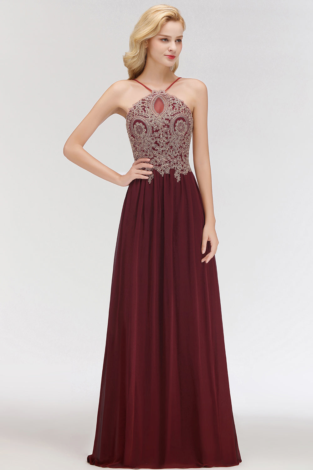 A-Line Chiffon Spaghetti Straps Sleeveless Backless Floor Length Bridesmaid Dress with Appliques