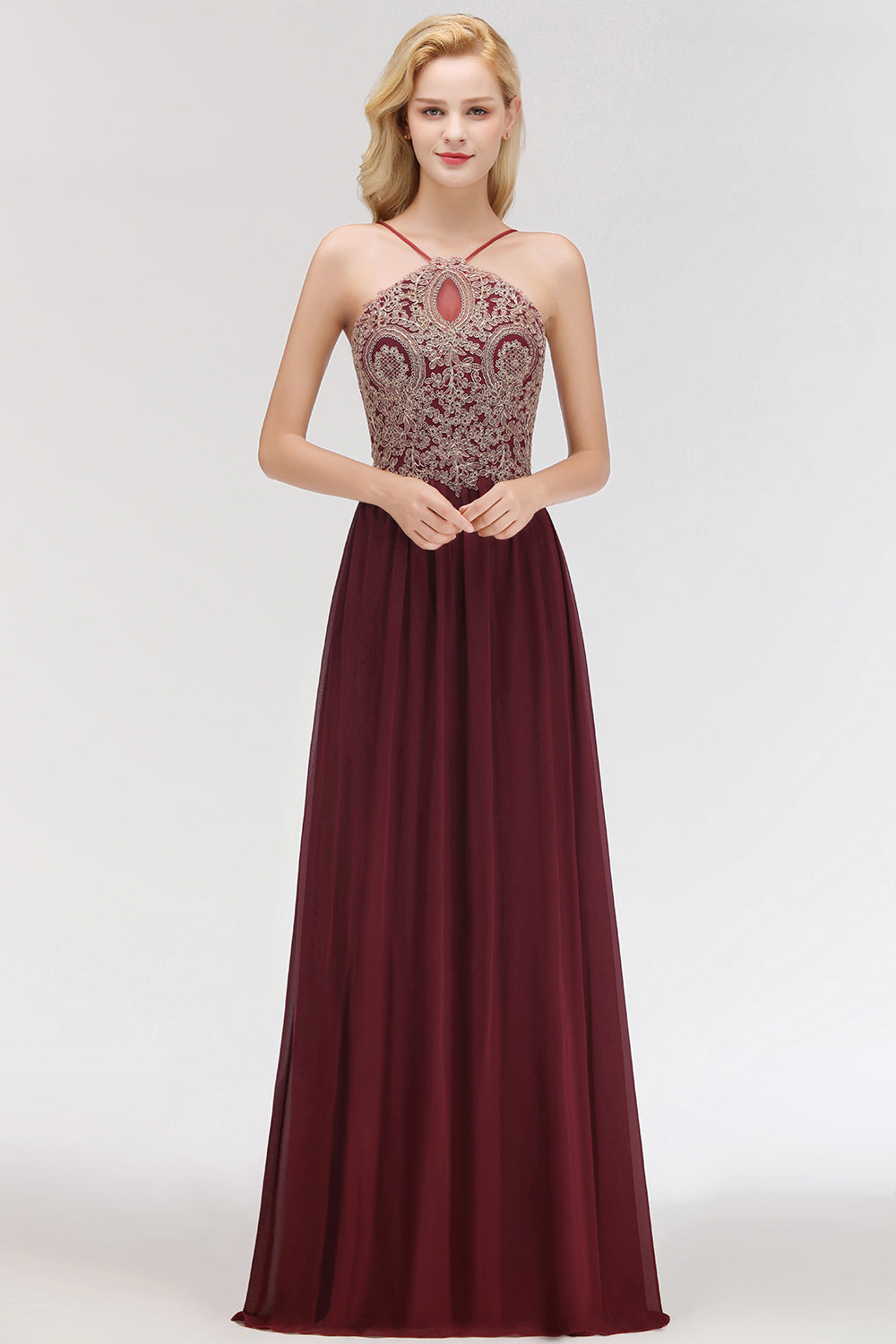 A-Line Chiffon Spaghetti Straps Sleeveless Backless Floor Length Bridesmaid Dress with Appliques