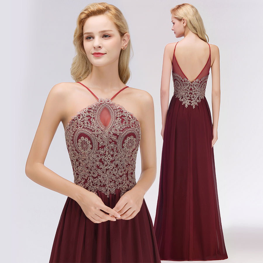 A-Line Chiffon Spaghetti Straps Sleeveless Backless Floor Length Bridesmaid Dress with Appliques