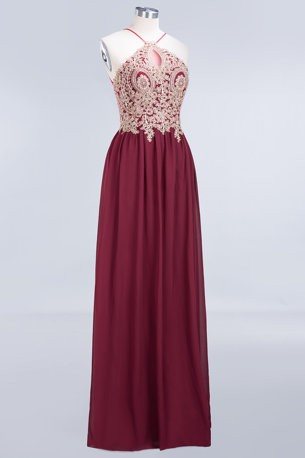 A-Line Chiffon Spaghetti Straps Sleeveless Backless Floor Length Bridesmaid Dress with Appliques