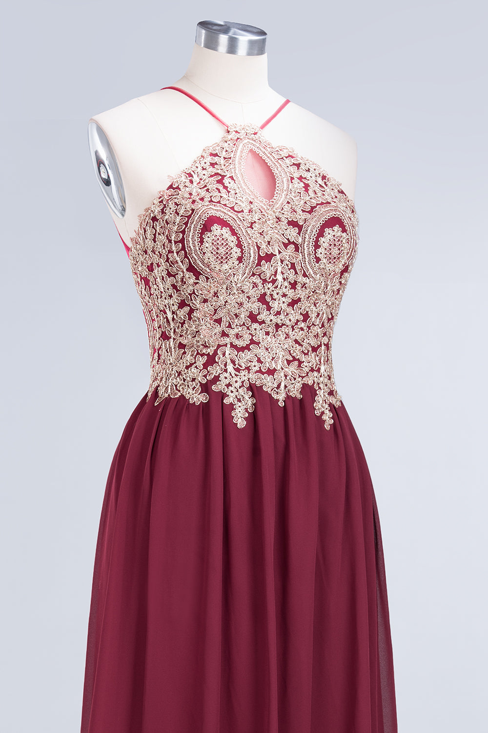 A-Line Chiffon Spaghetti Straps Sleeveless Backless Floor Length Bridesmaid Dress with Appliques