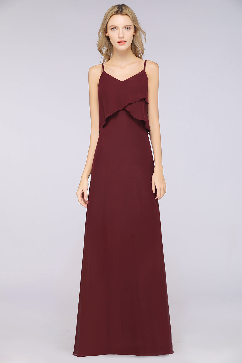 A-Line Chiffon Spaghetti Straps V-Neck Sleeveless Floor Length Bridesmaid Dress