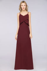A-Line Chiffon Spaghetti Straps V-Neck Sleeveless Floor Length Bridesmaid Dress