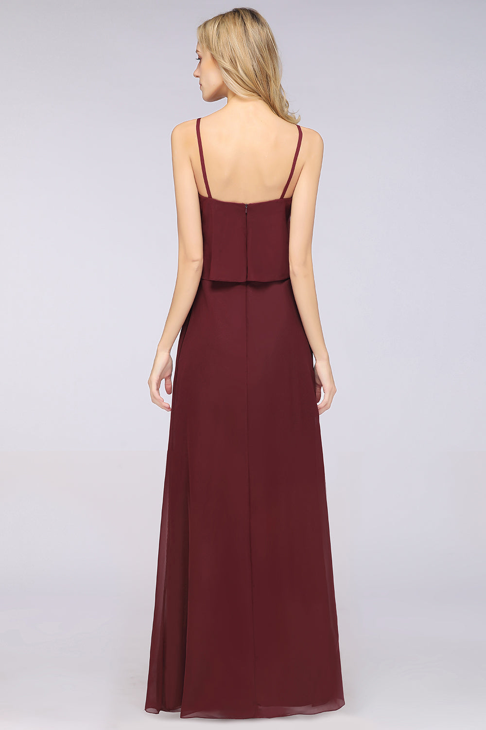 A-Line Chiffon Spaghetti Straps V-Neck Sleeveless Floor Length Bridesmaid Dress