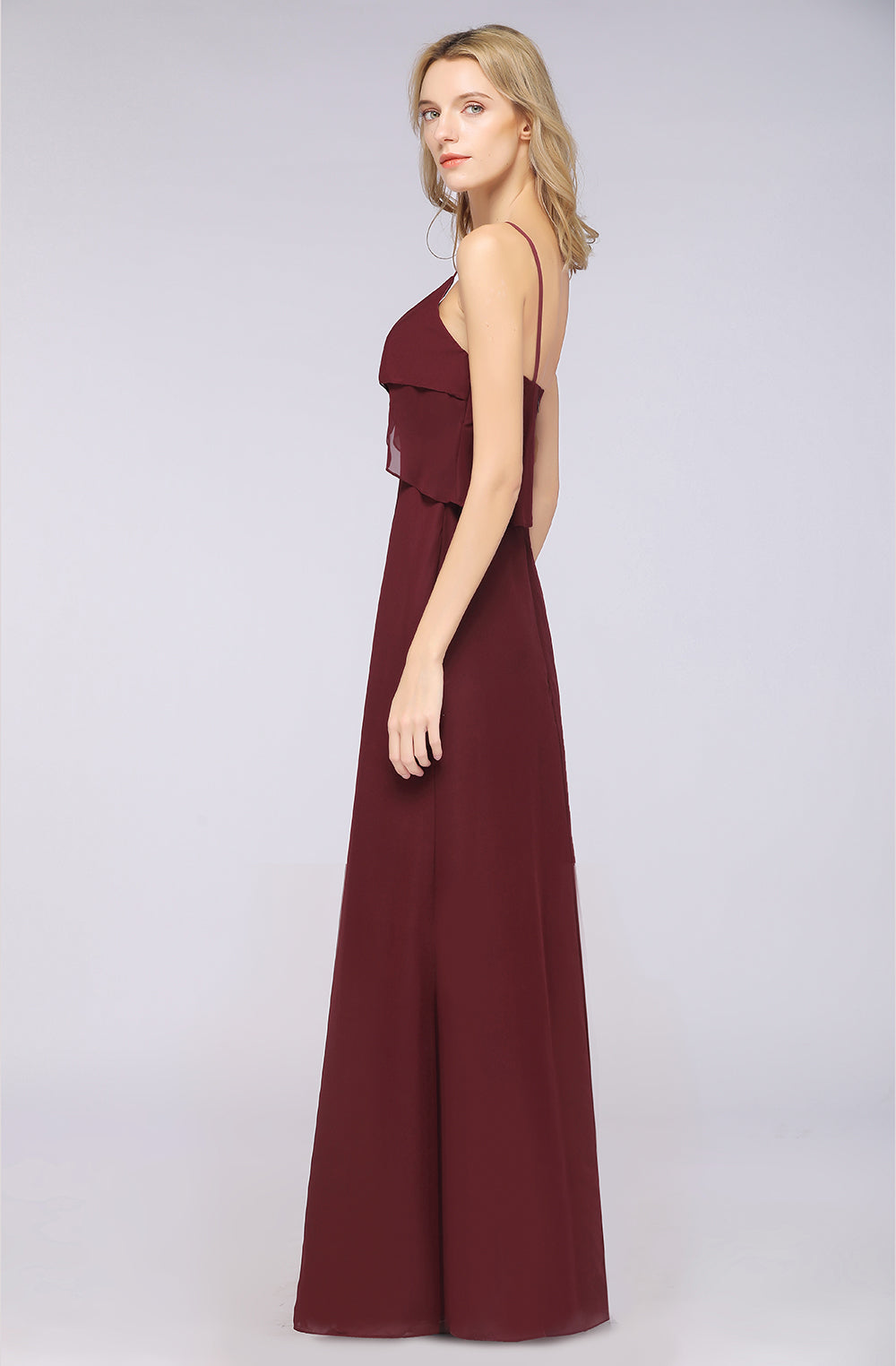 A-Line Chiffon Spaghetti Straps V-Neck Sleeveless Floor Length Bridesmaid Dress