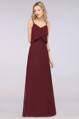 A-Line Chiffon Spaghetti Straps V-Neck Sleeveless Floor Length Bridesmaid Dress